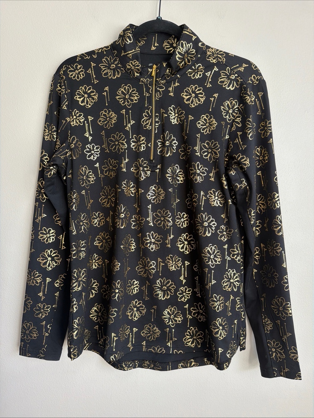 SanSoleil Sun Protection Top Medium Black/Gold UPF 50 Flowers Golf Cooling Shirt